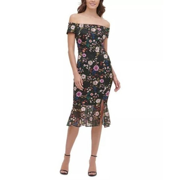 GUESS Womens Size 12 Off-The-Shoulder Lace Midi Cocktail Dress Black Floral New - Picture 1 of 14